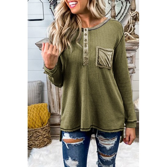 Green Waffle Elbow Patch Buttoned Long Sleeve Top