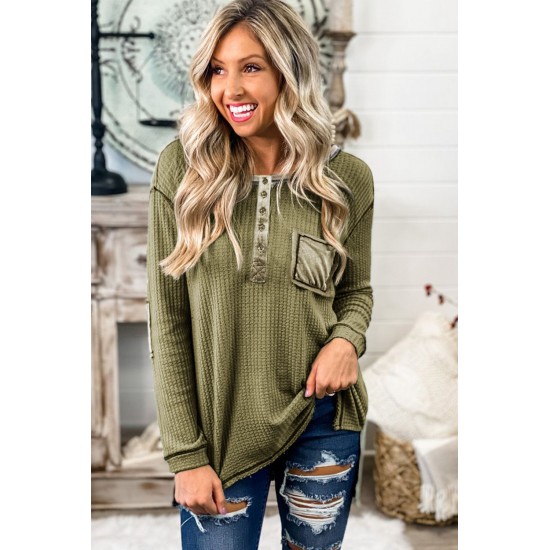 Green Waffle Elbow Patch Buttoned Long Sleeve Top