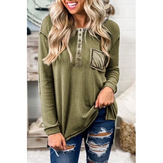 Green Waffle Elbow Patch Buttoned Long Sleeve Top