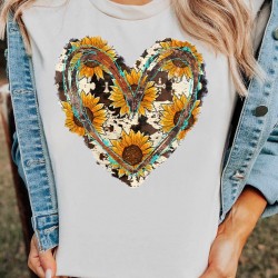 Sunflower Heart-shaped Print Short Sleeve Top