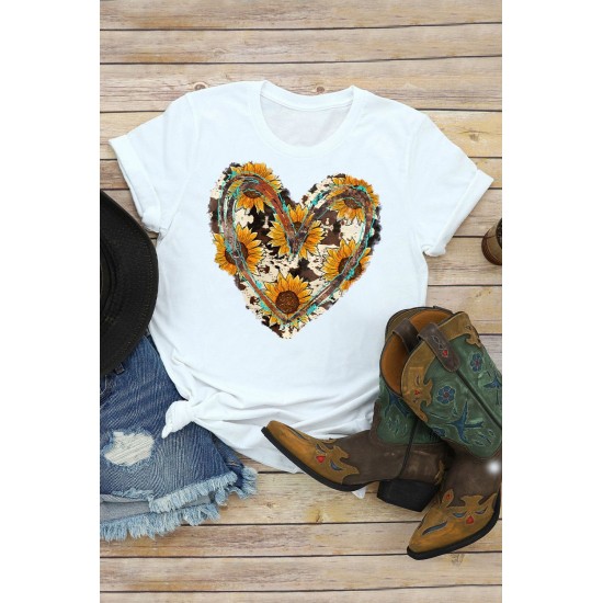 Sunflower Heart-shaped Print Short Sleeve Top