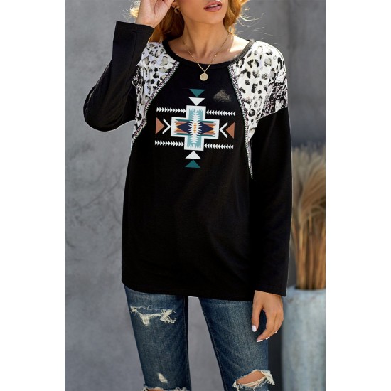 Aztec Animal Print Splicing Long Sleeve Top