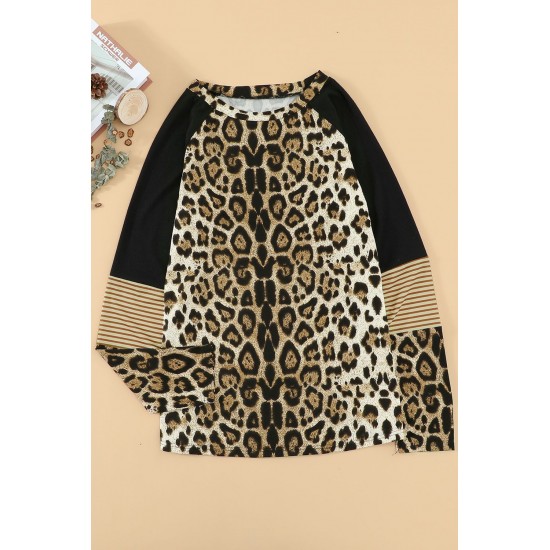 Leopard Striped Splicing Long Sleeve Tee