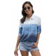 Blue Ombre V Neck Roll Long Sleeve Button Up Shirt