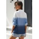 Blue Ombre V Neck Roll Long Sleeve Button Up Shirt