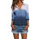 Blue Ombre V Neck Roll Long Sleeve Button Up Shirt