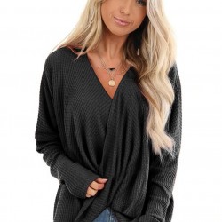 Black Waffle Texture V Neck Twist Long Sleeve Top