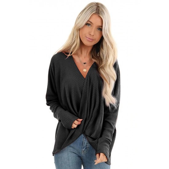 Black Waffle Texture V Neck Twist Long Sleeve Top