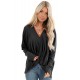 Black Waffle Texture V Neck Twist Long Sleeve Top