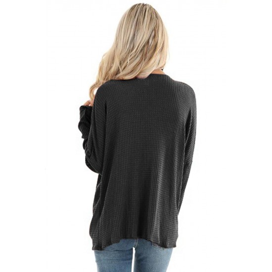 Black Waffle Texture V Neck Twist Long Sleeve Top