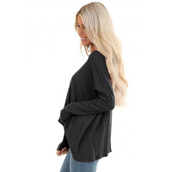 Black Waffle Texture V Neck Twist Long Sleeve Top