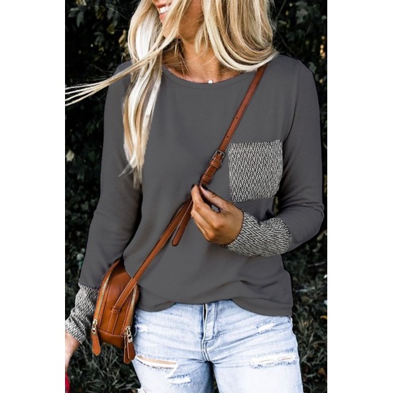 Gray Chevron Print Pocket and Sleeve Cuffs Top