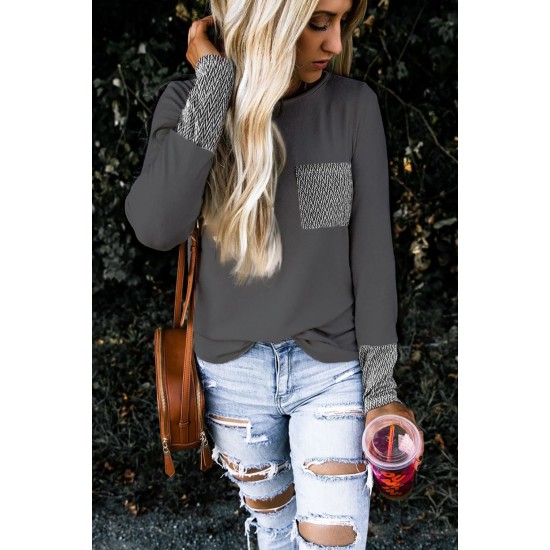 Gray Chevron Print Pocket and Sleeve Cuffs Top