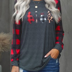 Christmas Pattern Plaid Splice Long Sleeve Top