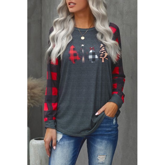 Christmas Pattern Plaid Splice Long Sleeve Top