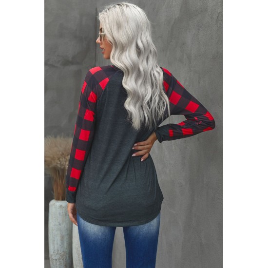 Christmas Pattern Plaid Splice Long Sleeve Top