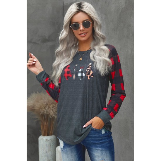 Christmas Pattern Plaid Splice Long Sleeve Top