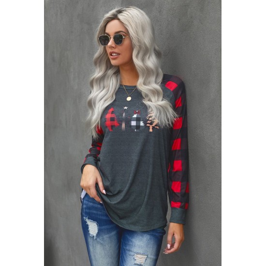 Christmas Pattern Plaid Splice Long Sleeve Top