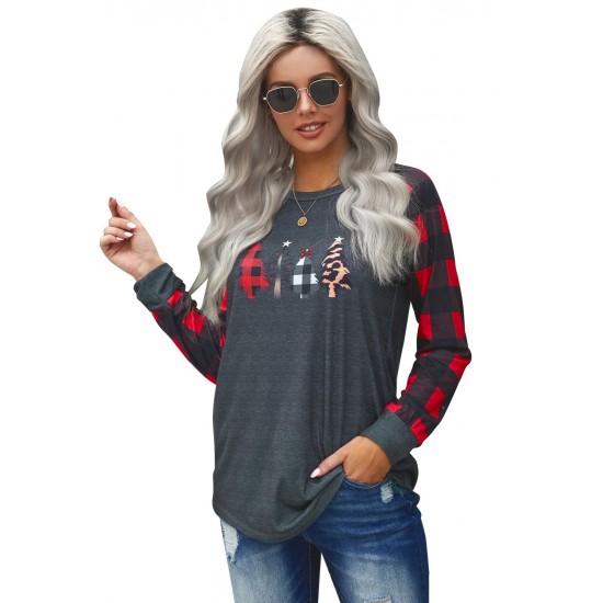 Christmas Pattern Plaid Splice Long Sleeve Top