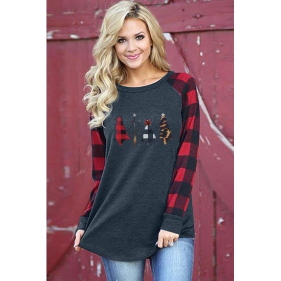 Christmas Pattern Plaid Splice Long Sleeve Top