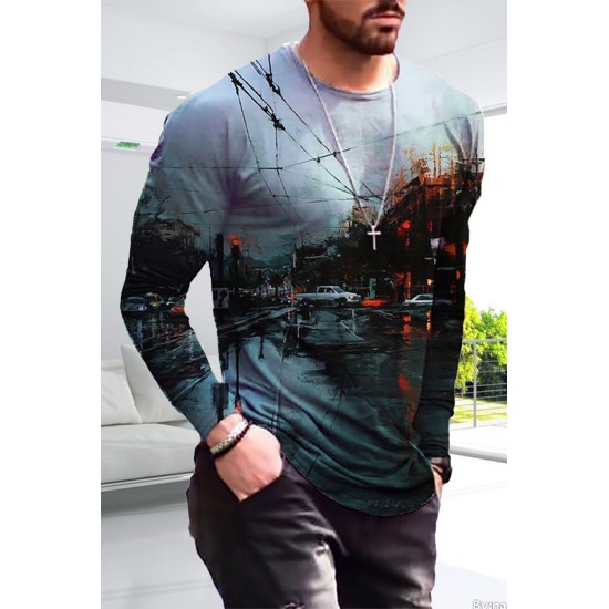 Men's Black Digital Print Long Sleeve Top