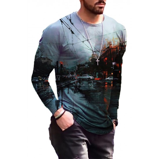 Men's Black Digital Print Long Sleeve Top