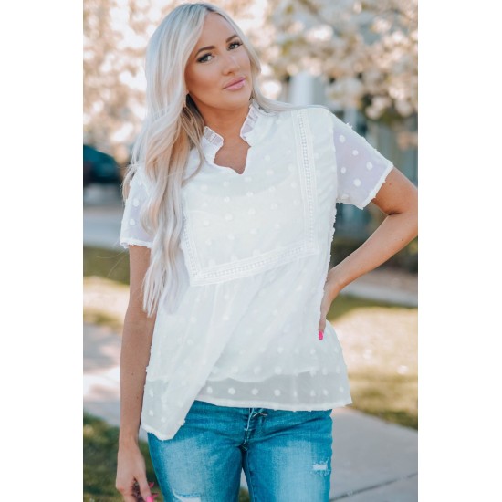 White Swiss Dot Short Sleeve Flowy Top