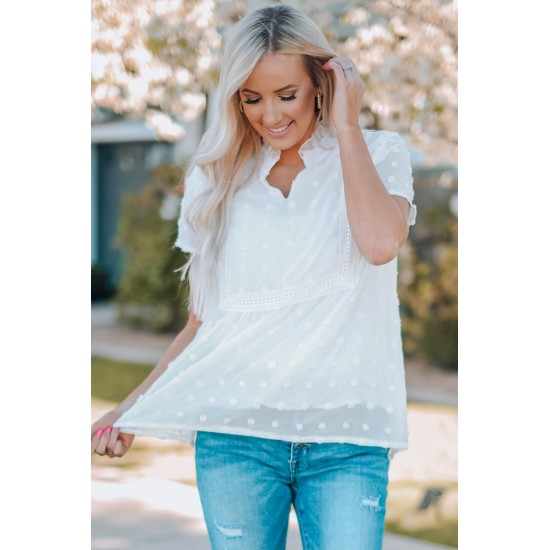 White Swiss Dot Short Sleeve Flowy Top