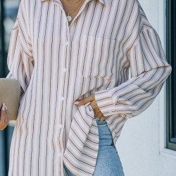 Khaki Striped Buttons Closure Long Sleeve Shirt