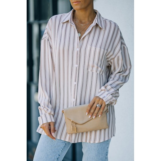 Khaki Striped Buttons Closure Long Sleeve Shirt