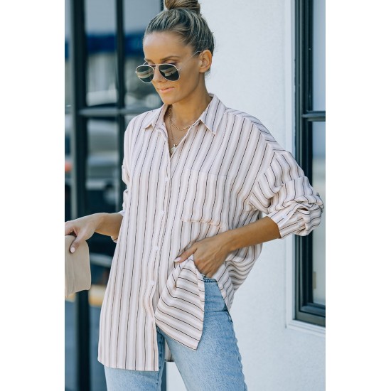 Khaki Striped Buttons Closure Long Sleeve Shirt