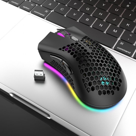 2.4G Wireless Gaming Mouse Rechargeable Mouse with RGB Light Effect 3 Adjustable DPI Hollowed-out Honeycomb Design Black