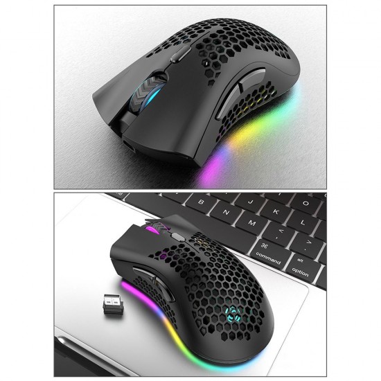 2.4G Wireless Gaming Mouse Rechargeable Mouse with RGB Light Effect 3 Adjustable DPI Hollowed-out Honeycomb Design Black