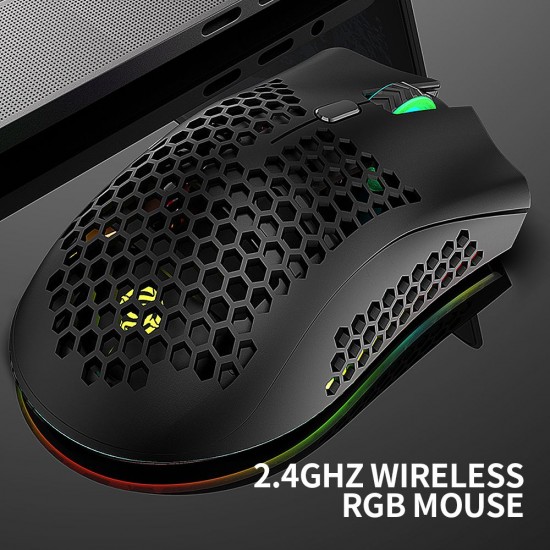 2.4G Wireless Gaming Mouse Rechargeable Mouse with RGB Light Effect 3 Adjustable DPI Hollowed-out Honeycomb Design Black