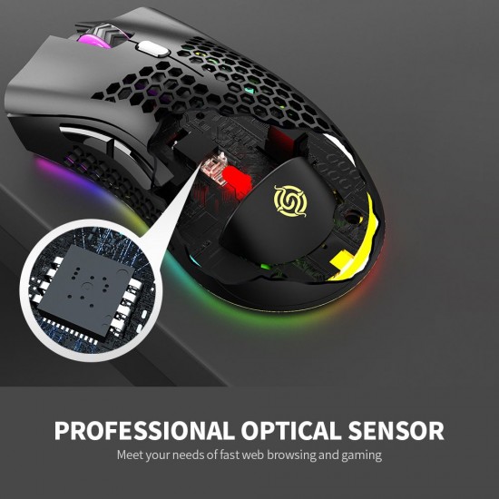 2.4G Wireless Gaming Mouse Rechargeable Mouse with RGB Light Effect 3 Adjustable DPI Hollowed-out Honeycomb Design Black