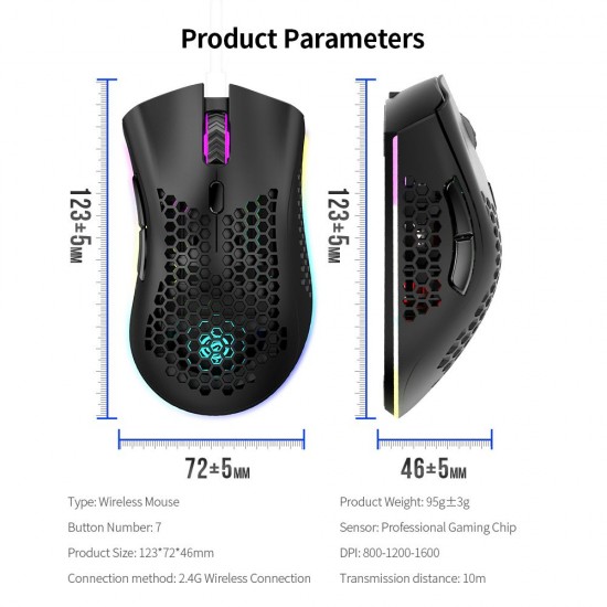 2.4G Wireless Gaming Mouse Rechargeable Mouse with RGB Light Effect 3 Adjustable DPI Hollowed-out Honeycomb Design Black