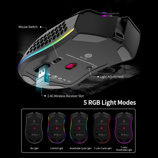 2.4G Wireless Gaming Mouse Rechargeable Mouse with RGB Light Effect 3 Adjustable DPI Hollowed-out Honeycomb Design Black