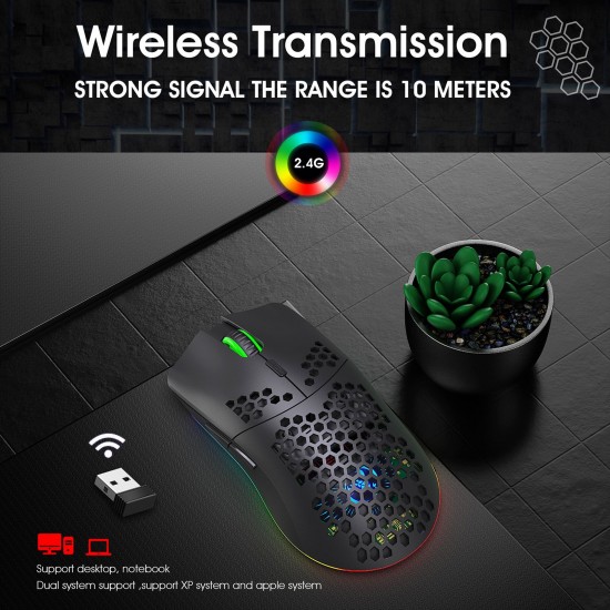 T66 RGB 2.4G Wireless Gaming Mouse RGB Lighting Charging Mouse with Adjustable DPI Ergonomic Design for Desktop Laptop Black