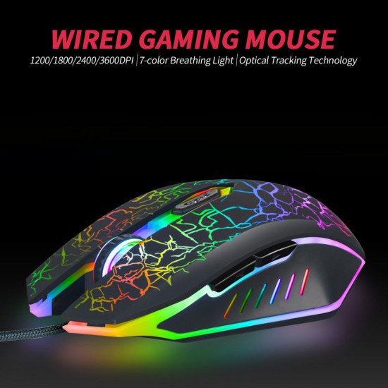 Wired Gaming Mouse 3600DPI Ergonomic Mouse Optical Mouse 4 Adjustable DPI levels/ 6 Buttons/ 7-color Breathing Light, Black