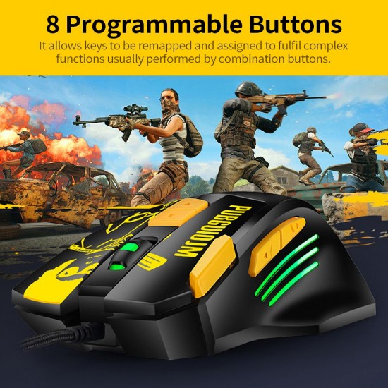 Wired Gaming Mouse Ergonomic Mouse 8 Programmable Buttons 800/1200/1600/2400/3600/4800DPI  6-color Breathing Light, Yellow