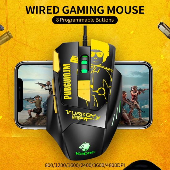 Wired Gaming Mouse Ergonomic Mouse 8 Programmable Buttons 800/1200/1600/2400/3600/4800DPI  6-color Breathing Light, Yellow