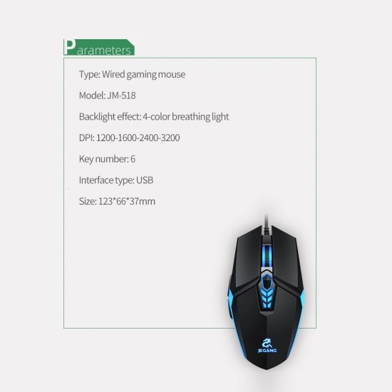 JM-518 6D Wired Gaming Mouse E-sports Gaming Mouse Ergonomic Mice with 4 Adjustable DPI 4-color Breathing Light Plug&Play Black