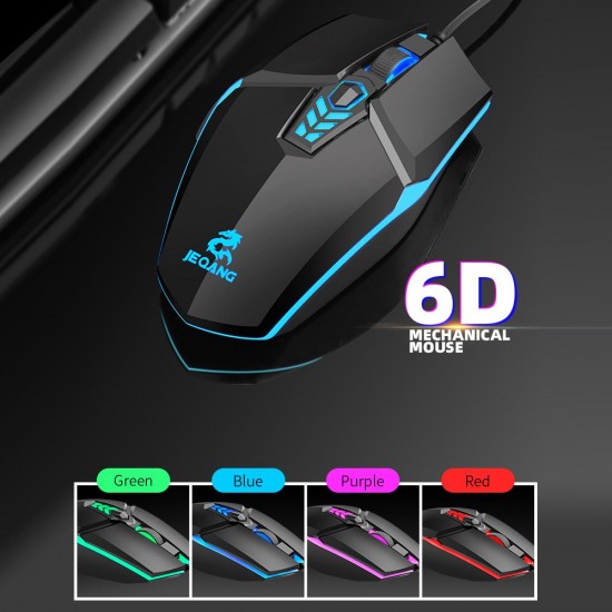 JM-518 6D Wired Gaming Mouse E-sports Gaming Mouse Ergonomic Mice with 4 Adjustable DPI 4-color Breathing Light Plug&Play Black