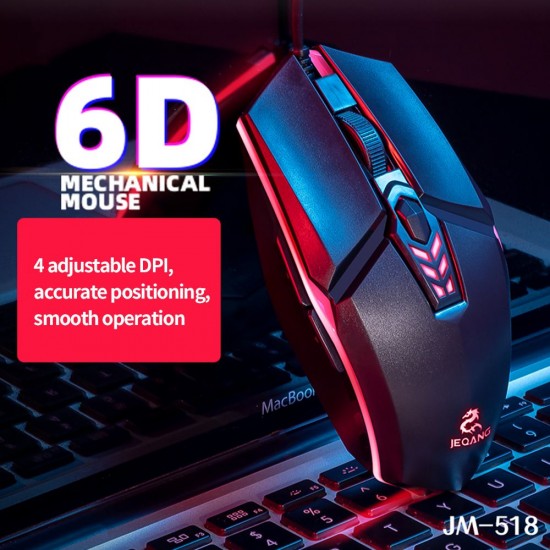 JM-518 6D Wired Gaming Mouse E-sports Gaming Mouse Ergonomic Mice with 4 Adjustable DPI 4-color Breathing Light Plug&Play Black