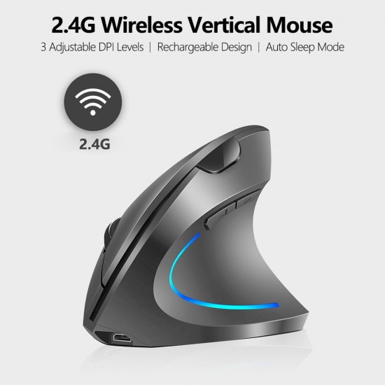 2.4G Wireless Vertical Mouse Rechargeable Upright Ergonomic Mouse 3 Adjustable DPI Levels RGB Flowing Light Plug N Play, Black