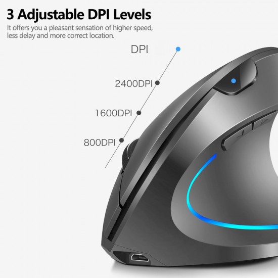 2.4G Wireless Vertical Mouse Rechargeable Upright Ergonomic Mouse 3 Adjustable DPI Levels RGB Flowing Light Plug N Play, Black