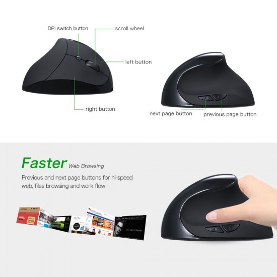 Optical Vertical Mouse Ergonomic Wireless Mouse Rechargeable Mice Built-in Battery with DPI Switch for PC Laptop(Black)