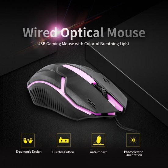 CM-818 Wired Optical Mouse Gaming Mouse 1200DPI USB Gaming Mouse Ergonomic Mouse with Colorful Breathing Light Black