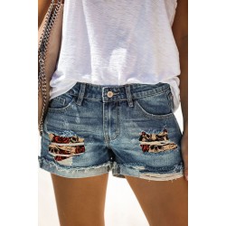 Blue Skull Print Patchwork Frayed High Waist Denim Shorts