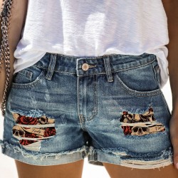 Blue Skull Print Patchwork Frayed High Waist Denim Shorts